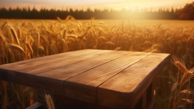 wooden board table in front of wheat field on sunset light. Ready for product display montages