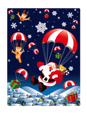 Santa Claus and Reindeer Flying with Parachute Surrounded by Gifts Vector Illustration - Parachutist Santa in the air bringing lots of Christmas presents