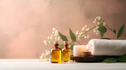 Aroma therapy concept, where a composition of essential oil bottles and candles sets the mood. Relaxation and stress relief through the use of natural plant extracts. Generative AI