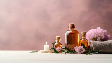 Obraz na płótnie Canvas Aroma therapy concept, where a composition of essential oil bottles and candles sets the mood. Relaxation and stress relief through the use of natural plant extracts. Generative AI