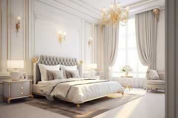 Classic Bedroom with White Marble, Gold Textured Accents, and White Furniture, Exuding Sophistication and Charm