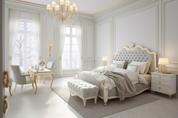 Luxurious Bedroom with Gold Textured Accents and White Furniture, Exuding Sophistication and Serenity