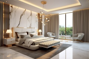 Modern Bedroom with White and Gold Textured Theme, Featuring a Spacious Window and Stylish Side Chairs