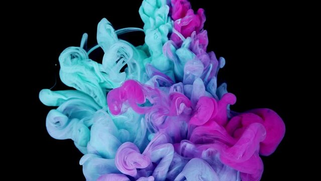 Ink Fusion: Turquoise and Pink Colors Swirling and Merging in Water on a Black Background