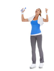 Winner, woman celebrating and with water isolated against transparent png background for achievement. Success or winning, happy or smile and female athlete with bottle for celebration fitness goal