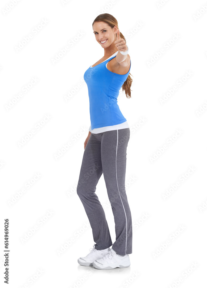 Poster Woman, fitness and thumbs up portrait for exercise, healthy lifestyle and happiness. Support, thank you and hand sign for workout motivation with happy person isolated on transparent, png background