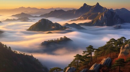 beautiful view of sunrise with majestic misty mountains. generative AI