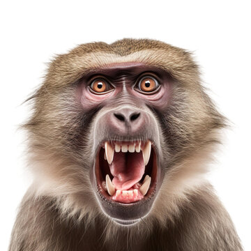 front view of ferocious looking Baboon animal looking at the camera with mouth open isolated on a transparent background 