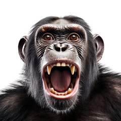 front view of ferocious looking Chimpanzee animal looking at the camera with mouth open isolated on a transparent background 