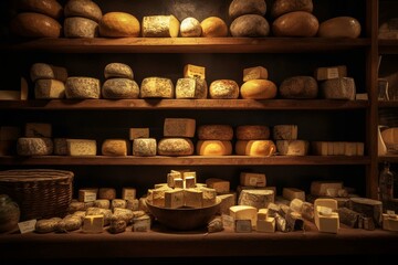 Fototapeta na wymiar Display of renowned hard cheese made from sheep milk on shelves in Pag island, Croatia. Generative AI