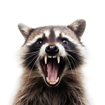 front view of ferocious looking rabid Raccoon animal looking at the camera with mouth open isolated on a transparent background 