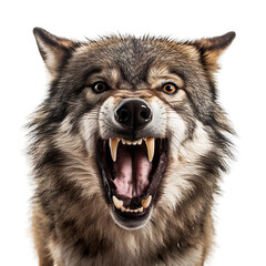 front view of ferocious looking Wolf animal looking at the camera with mouth open isolated on a transparent background 