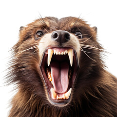front view of ferocious looking Wolverine animal looking at the camera with mouth open isolated on a transparent background 