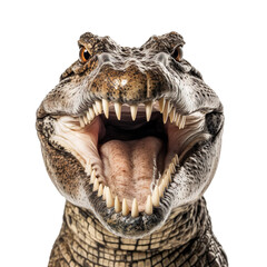 front view of ferocious looking Alligator animal looking at the camera with mouth open isolated on a transparent background 