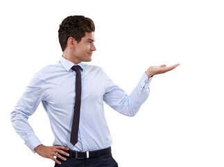 Presentation, showing and business man with hand on isolated, PNG and transparent background. Advertising, marketing and professional male person with gesture for announcement, news and information