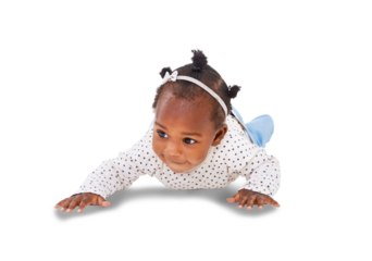 Happy, baby girl or child crawl for development, growth and learning. Strong, healthy toddler or black infant kid crawling on floor for milestone and play isolated on a transparent, png background