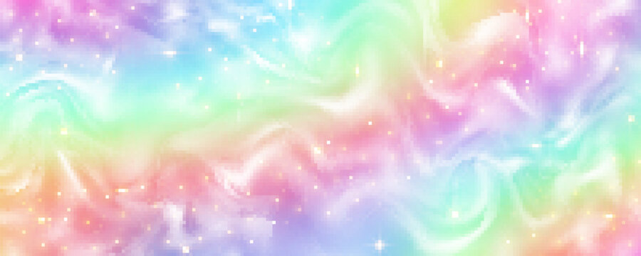 Rainbow background with waves of fluid. Abstract pastel gradient wallpaper with bright vibrant colors and stars. Vector unicorn holographic backdrop.