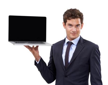 Business, man and portrait with laptop screen isolated on transparent png background with review or feedback. Presentation, computer and employee showing web information, mockup or project space.