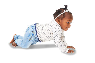 Healthy, crawling and baby girl for child development, growth and learning. Innocent, cute toddler or black infant kid crawl on floor with fashion clothes isolated on a transparent, png background