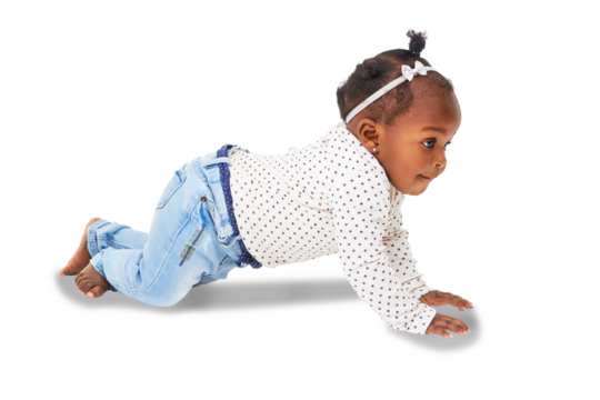 Healthy, crawling and baby girl for child development, growth and learning. Innocent, cute toddler or black infant kid crawl on floor with fashion clothes isolated on a transparent, png background