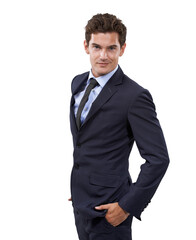 Portrait, fashion and business man with formal style on isolated, transparent and png background....