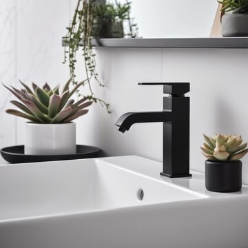 An Elegant Black Bathroom Faucet And White Square Sink With A Blurry Cup, Toothbrushes And Plant