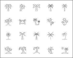 Fototapeta na wymiar Simple Set of palm tree Related Vector Line Icons. Vector collection of summer, tree, beach, plant, tropical, nature, outdoor, greenery, evergreen, coconut and design elements symbols or logo element.