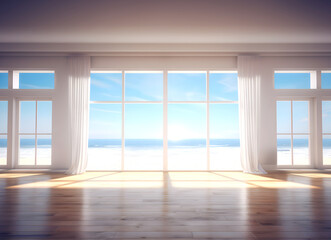 Fototapeta na wymiar Creative interior concept. Wide large window oak wooden room gallery opening to beach sunny blue skies landscape. Template for product presentation. Mock up 3D rendering 