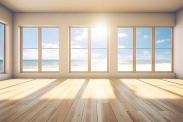 Obraz premium Creative interior concept. Wide large window oak wooden room gallery opening to beach sunny blue skies landscape. Template for product presentation. Mock up 