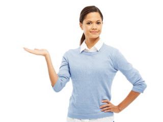Woman, hand and palm for advertising portrait of latino model isolated on transparent, png background. Young professional person with hands for marketing announcement, promotion or presentation