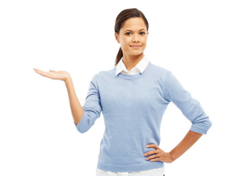 Woman, hand and palm for advertising portrait of latino model isolated on transparent, png background. Young professional person with hands for marketing announcement, promotion or presentation