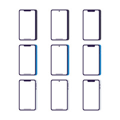 Smartphone vector mockup illustrations. Mobile isometric mockup in different colors. 