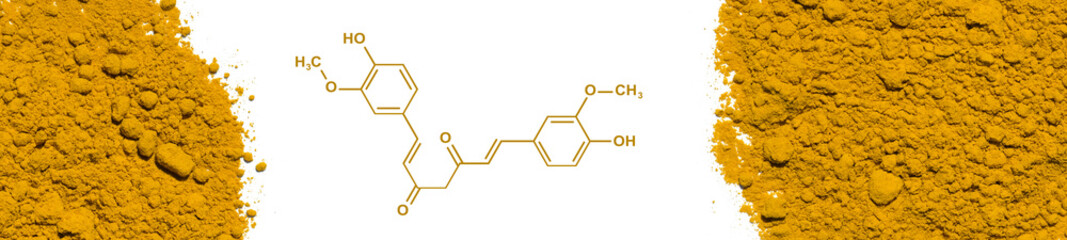 Organic Curcuma Powder with molecular structure, cosmetic chemical ingredient on white laboratory...