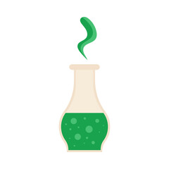 Vector illustration of the bottle with magical liquid. Poison or potion. Halloween spooky symbol. Flask with green bubbles and steam