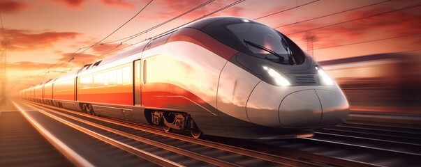 High speed train in motion on the railway station at sunset. Fast moving modern passenger train on railway platform. Railroad with motion blur effect. Generative ai - obrazy, fototapety, plakaty