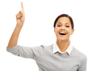 Business woman, pointing finger and smile on face isolated on a transparent, png background. Professional female person point up for announcement, advertising and promotion information with hands