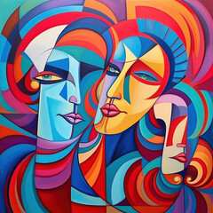An brightly colored abstract painting cartoon of womens heads with the illusion of three dimensionality.  Generative AI.