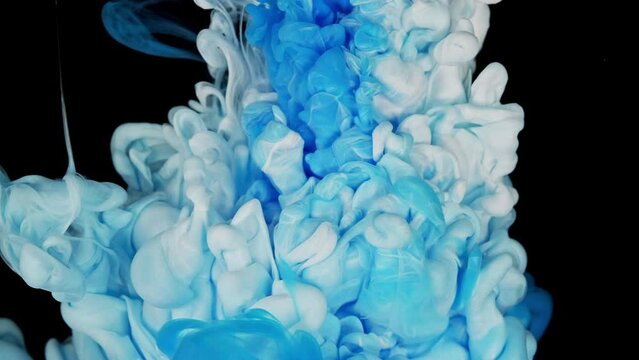 Celestial Ink Waltz: Fluid Art Euphony with Blue and White Color Paint Drops in Water, Abstract Colors Mix of Ink Color Paint Falling on Water