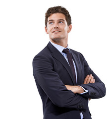 Arms crossed, business man and vision for work isolated on a transparent, png background....