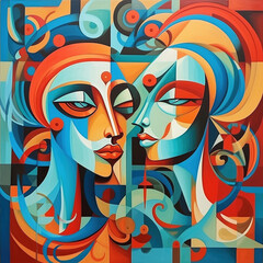 Fototapeta premium An brightly colored abstract painting cartoon of womens heads with the illusion of three dimensionality. Generative AI.