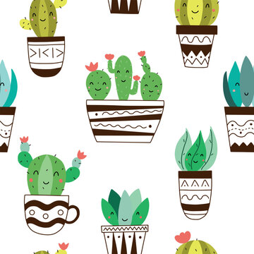 Seamless pattern with black and white cacti and succulents on a white background. Vector print with cacti succulents in minimalistic geometric scandinavian style.
