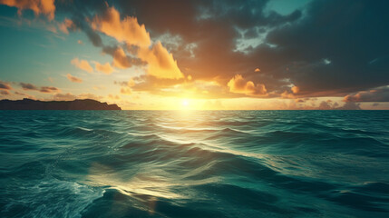 ocean waves background with clear water and sunset or sunrise, feeling bright and fresh representing concept of beautiful nature theme