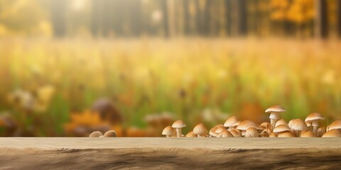 empty wooden table blurred mushrooms in the forest background
