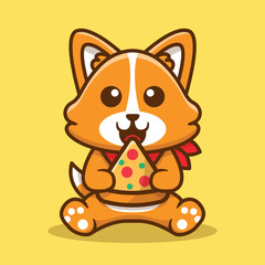 Cute Corgi Dog Eating Pizza Vector Cartoon Illustration