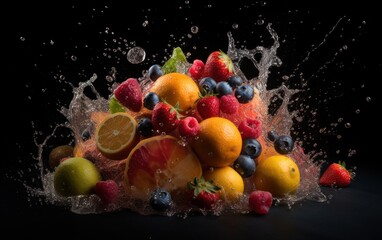 Fruit splashes on black background. Mixed fruits in water splash, Generative AI