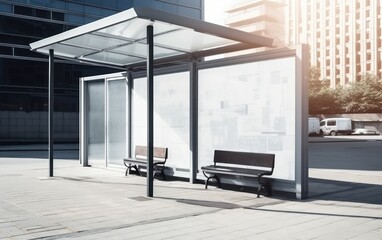 Fototapeta na wymiar Empty bus stop with a bench in the city. Generative AI