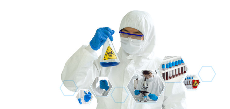 Epidemiological researchers in virus protective cloth holding erlenmeyer flask contains blue liquid chemicals with biohazard sign, showing atmosphere of antiviral drug research in the laboratory.