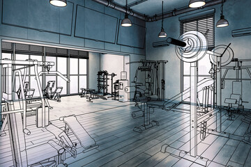 Body Building Center With Exercise Machines Integrated Inside a Penthouse Recreation Area (illustration) - 3D Visualization