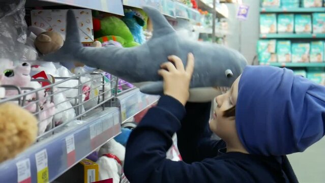 A cute boy takes a toy shark in a toy store and examines it