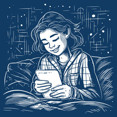 Smiling young girl using smartphone in bed at night. Hand drawn in thin line style. He is chatting through social media. Hand drawn in thin line style, vector illustrations.